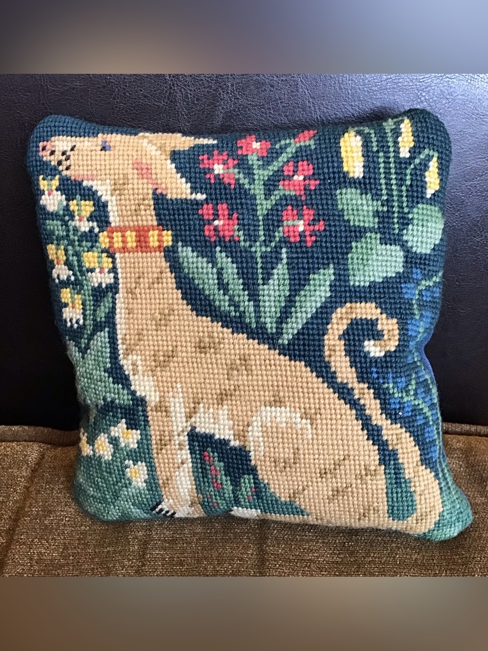 Vintage Lurcher Dog Needlepoint Mini Pillow by Bahouth Ehrman UK